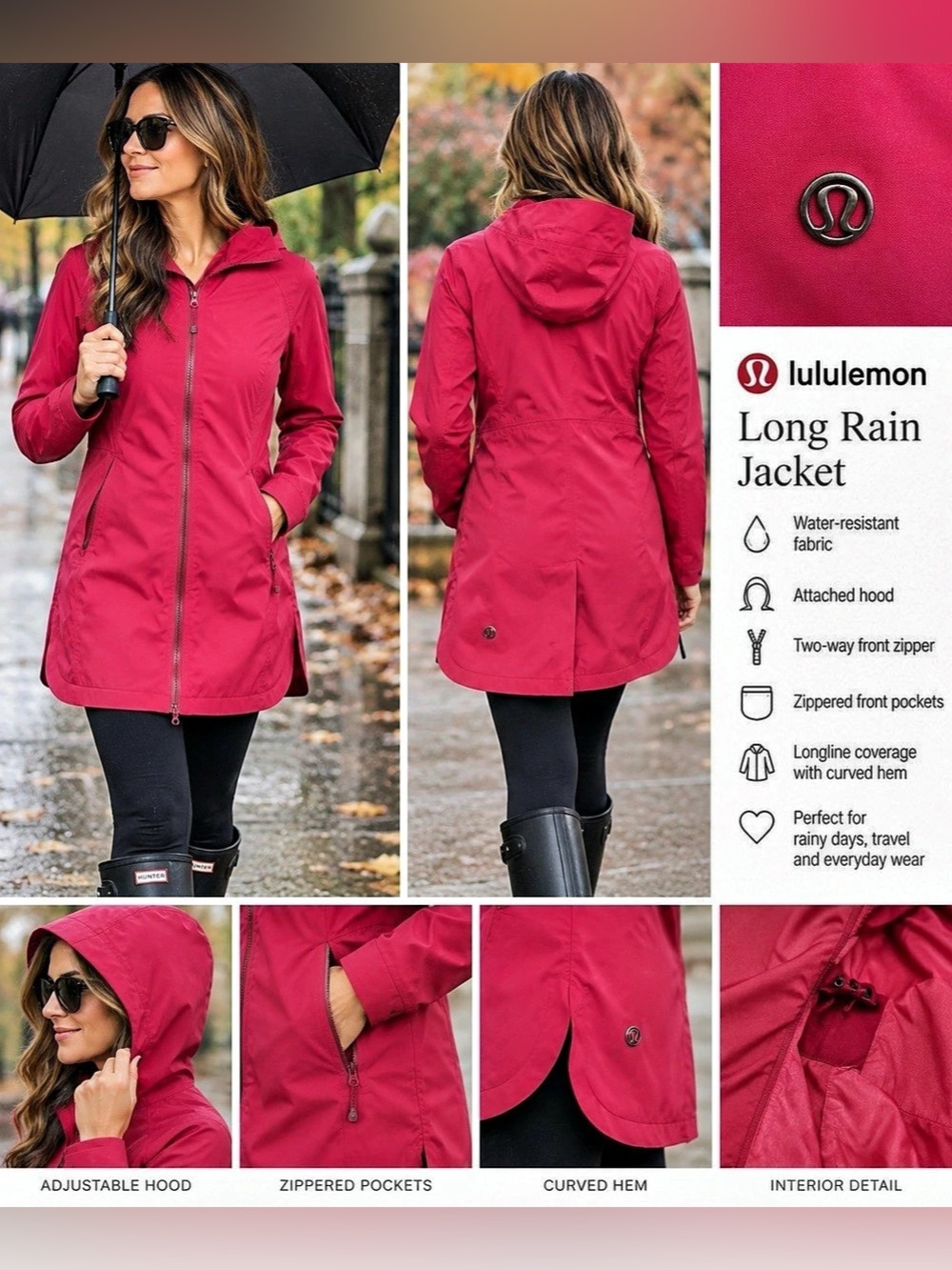 lululemon Long Rain Jacket Rain Jacket in Pink Size 6 Like New